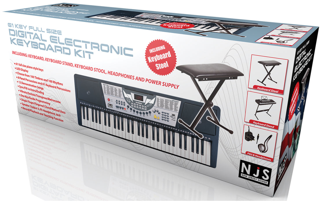 New Jersey Sound 61 Key Full Size Digital Electronic Keyboard with Stand & Stool NJS805
