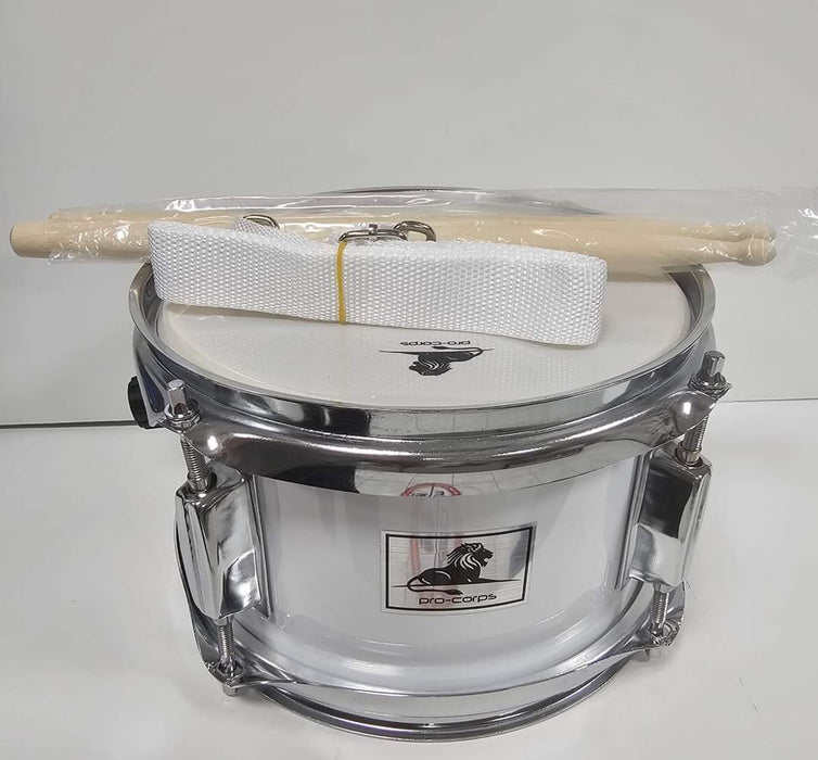 Pro-Corps 8'' Junior Marching Snare Drum With Coloured Strap & Sticks In White
