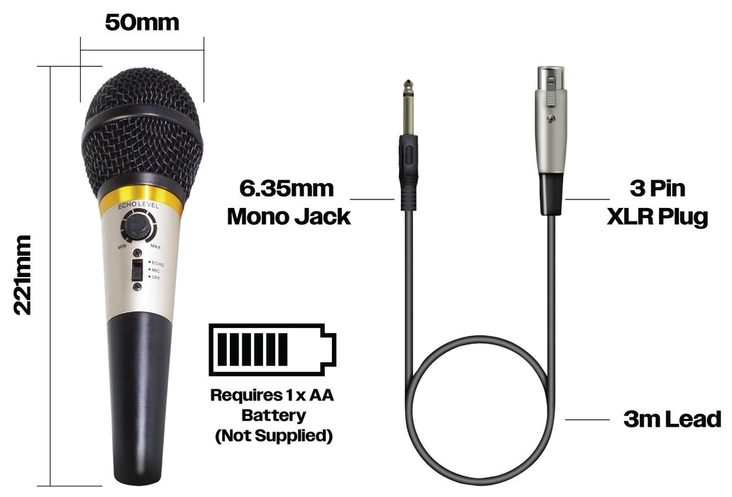 Soundlab Dynamic Karaoke Microphone With Echo, XLR to Jack Lead and Carry Case