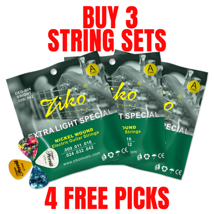 Ziko Extra Light Electric Guitar Strings 09-42 3 Pack Free Picks