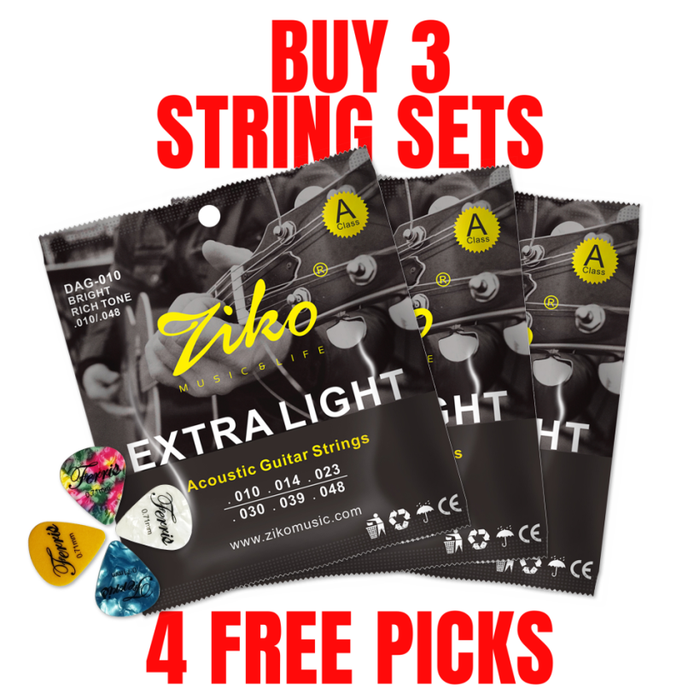 Ziko Acoustic Guitar Strings 10-48 3 Pack  Free Picks
