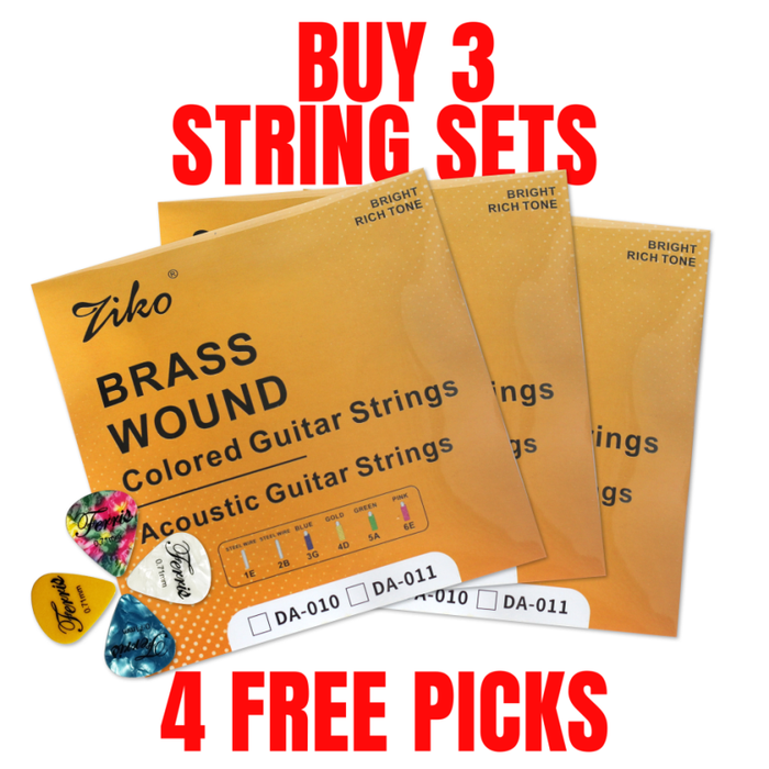 Ziko Coloured Coated Acoustic Guitar Strings 11-51 3 Pack Free Picks
