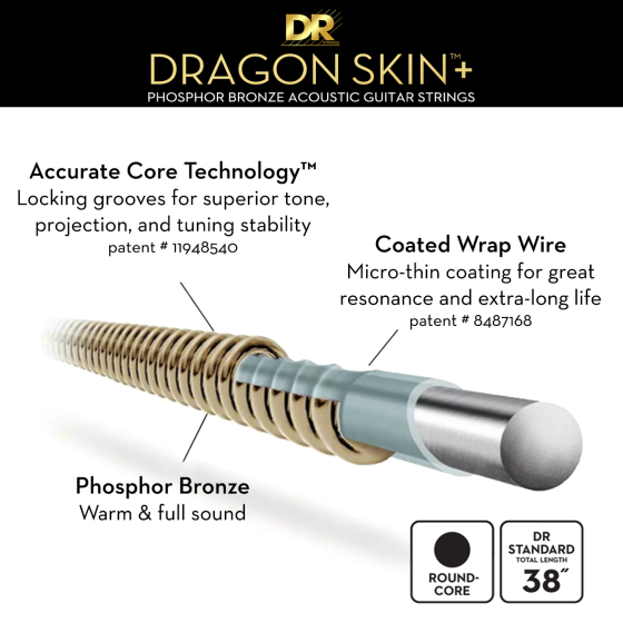 DR Strings Dragon Skin+ Phosphor Bronze Acoustic Guitar Custom Light DAP11/B25 Box of 25 sets