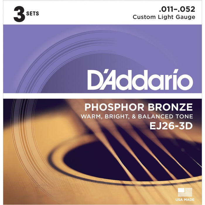 D'ADDARIO Phosphor Bronze Acoustic Guitar Strings 11-52 Custom Light 3-Pack