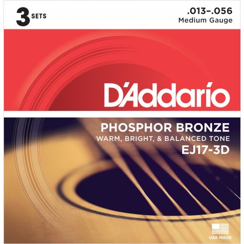 D'ADDARIO Phosphor Bronze Acoustic Guitar Strings 13-56 Medium 3-Pack