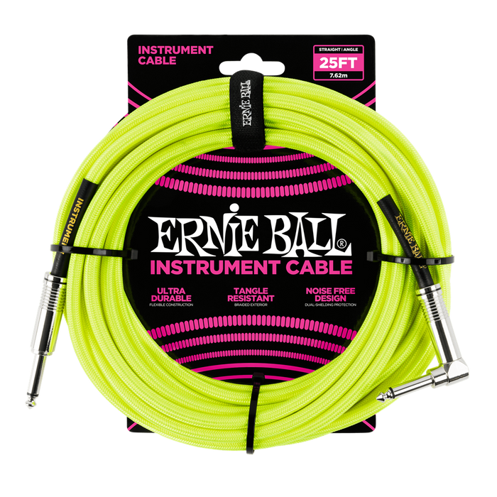 Ernie Ball 25 Foot Instrument Cable, Braided Neon Yellow