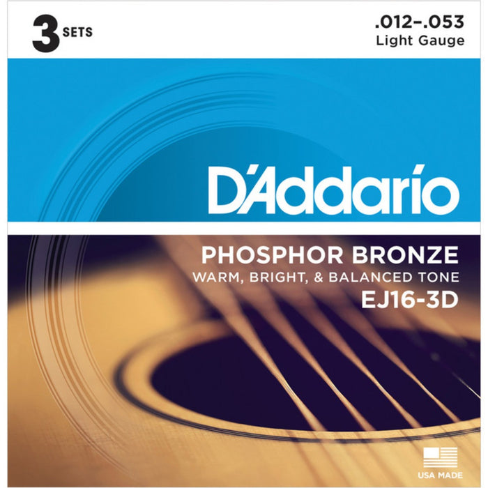 D'Addario Phosphor Bronze Guitar Strings, Light, 12-53 x 3 Pack