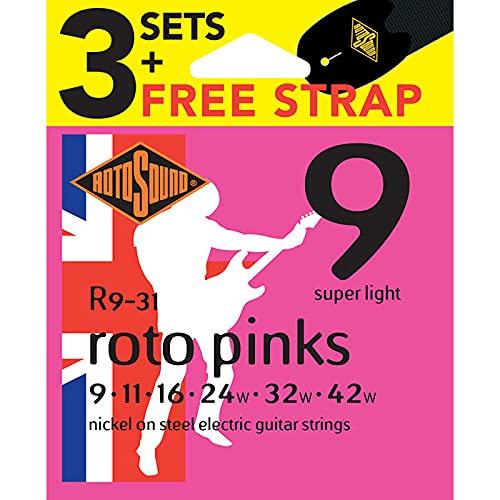 Rotosound Electric Guitar Strings 3 pack with Free Strap 9-42