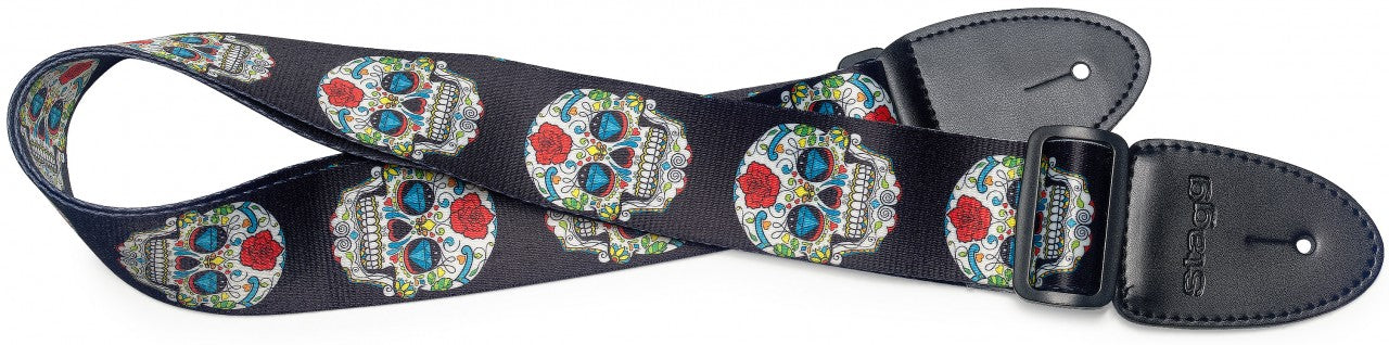 Stagg Terylene Guitar Strap with Mexican Rose Skull