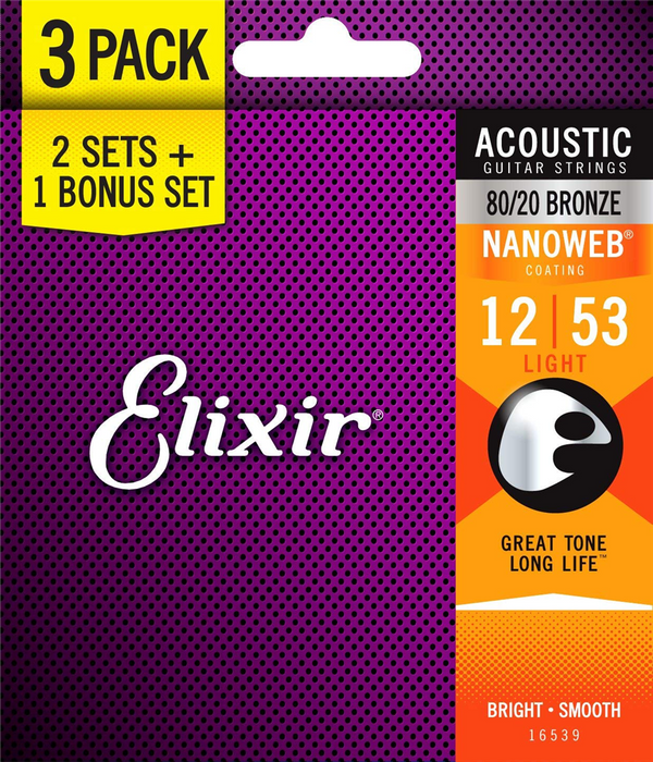 Elixir Acoustic 80/20 Bronze Strings with NANOWEB Coating 12-53