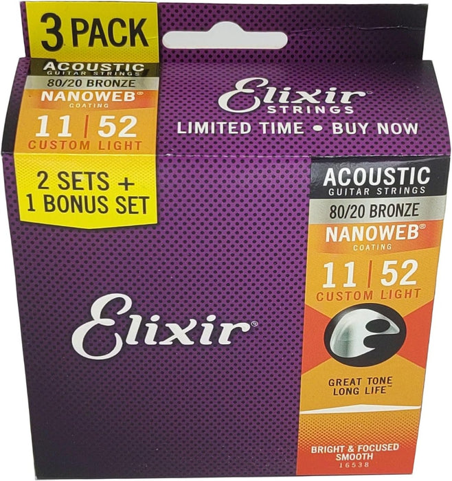 Elixir Acoustic 80/20 Bronze Strings with NANOWEB Coating 11-52
