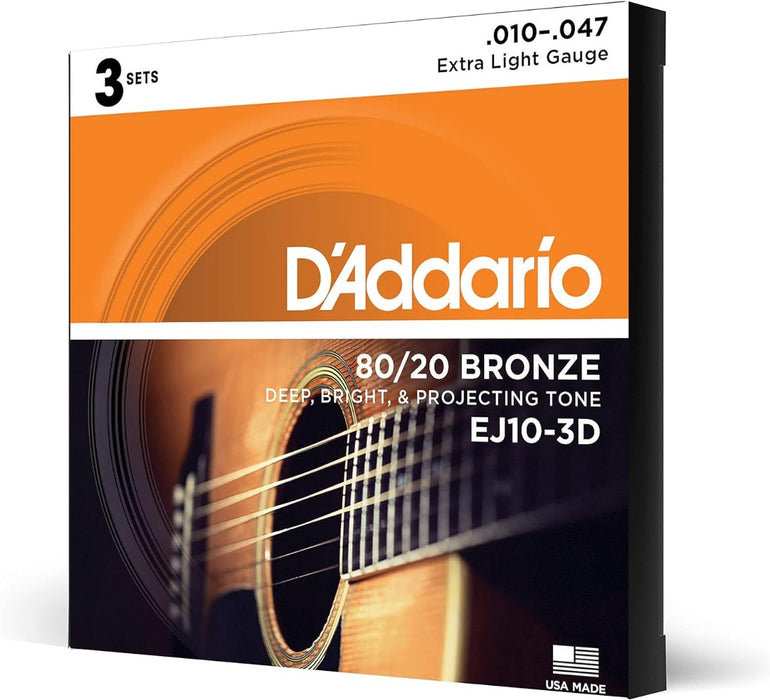 D'Addario Extra Light Acoustic Guitar Strings 3 Pack 10-47
