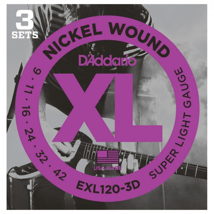 D'Addario Nickel Wound Light Electric Guitar Strings 3-Pack 9-42