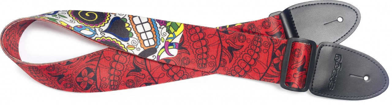 Stagg Terylene Guitar Strap Red Mexican Skull