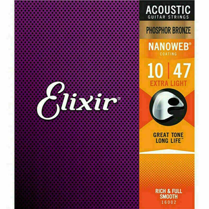 Elixir Acoustic Guitar Strings Phosphor Bronze With Nanoweb Coating Extra Light 10-47